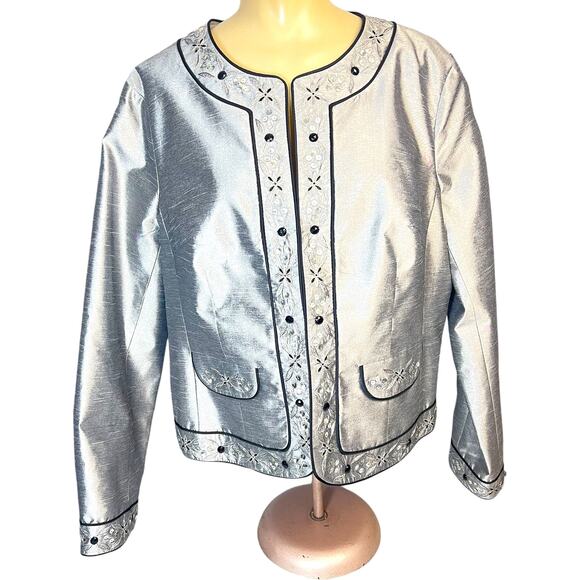 SILKLAND Woman’s Silver Silk Embellished Jacket  14  Glam Regency WhimseyGoth - Picture 1 of 6